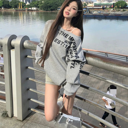 Sexy Oversize T-shirt Women Streetwear Print Long Sleeve Off Shoulder