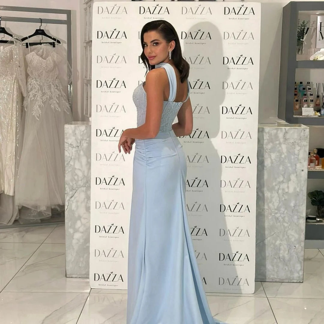 Bella Customized Blue Beading Long Silk Scarves robes de soirée Mermaid Backless Party Dresses