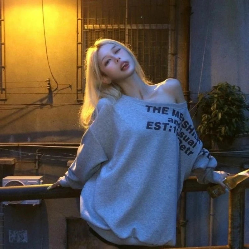 Sexy Oversize T-shirt Women Streetwear Print Long Sleeve Off Shoulder