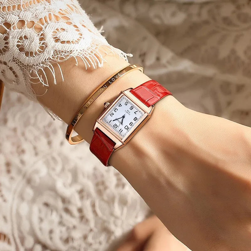 Classic Luxury Women Quartz Watches Fashion Square Dial Analog Wristwatch Leather