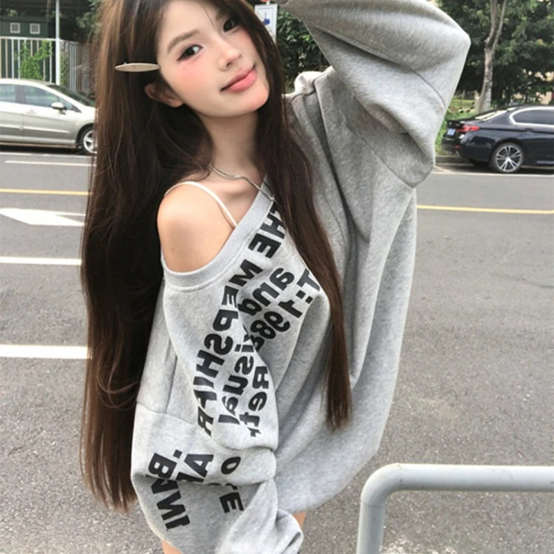 Sexy Oversize T-shirt Women Streetwear Print Long Sleeve Off Shoulder