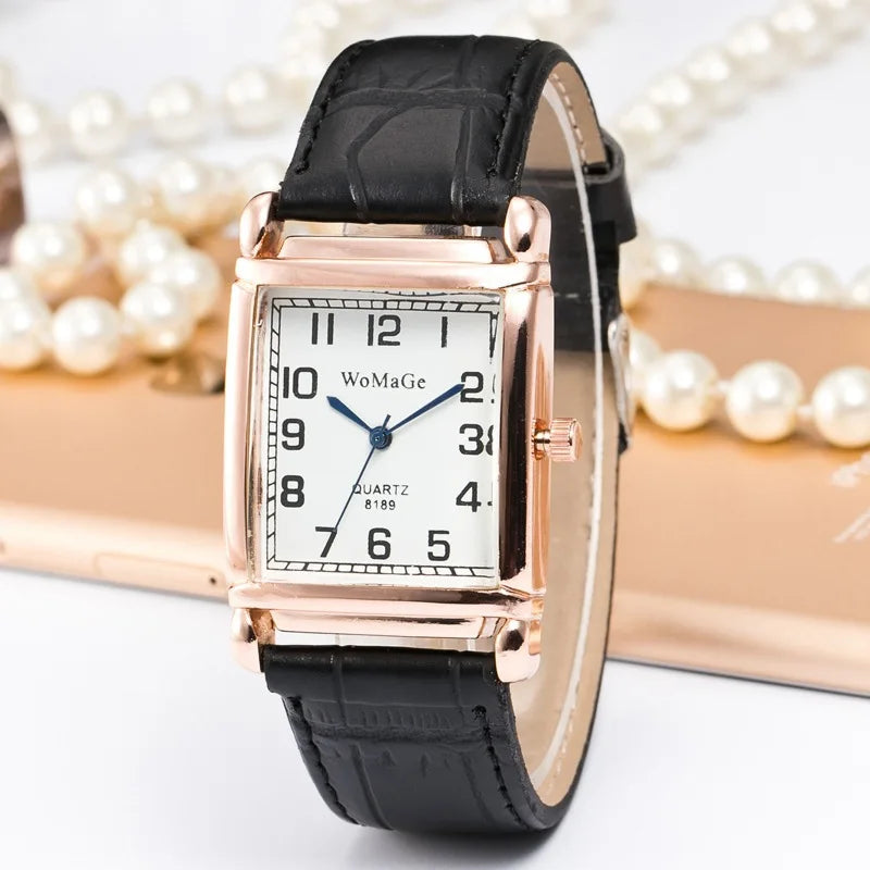 Classic Luxury Women Quartz Watches Fashion Square Dial Analog Wristwatch Leather
