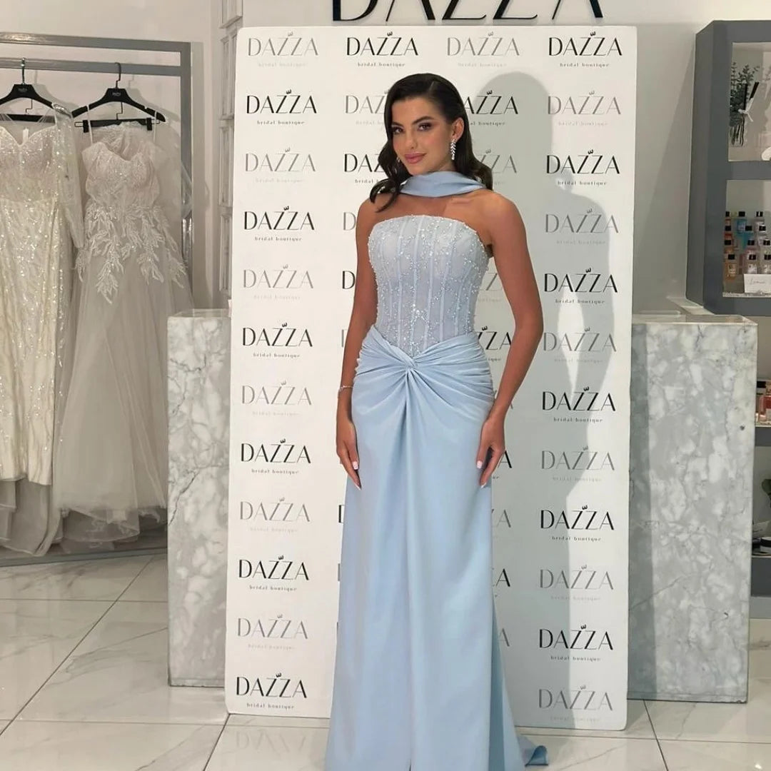 Bella Customized Blue Beading Long Silk Scarves robes de soirée Mermaid Backless Party Dresses