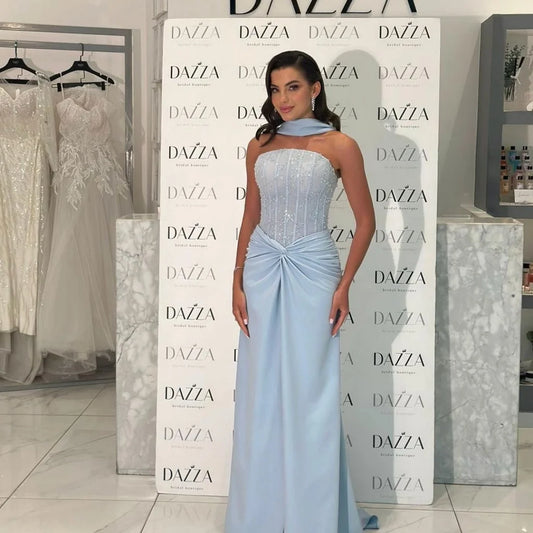 Bella Customized Blue Beading Long Silk Scarves robes de soirée Mermaid Backless Party Dresses
