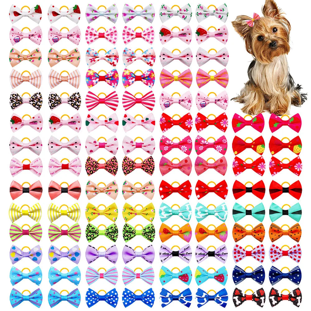 30PCS Dog Bow With Rubber Band Dog Hair Accessories Handmade Movable Puppy Bows
