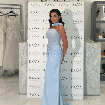 Bella Customized Blue Beading Long Silk Scarves robes de soirée Mermaid Backless Party Dresses