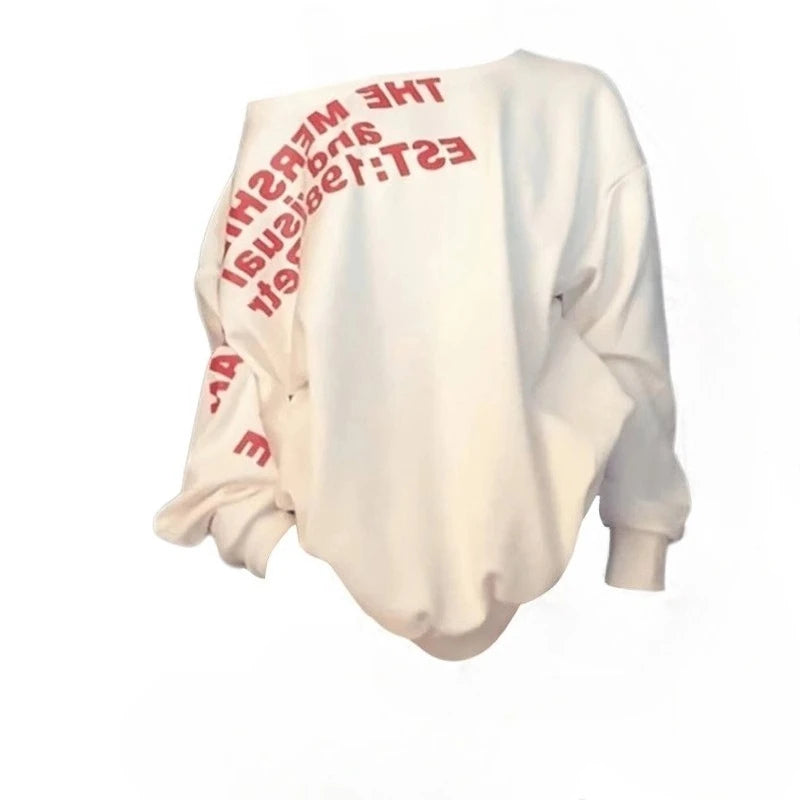 Sexy Oversize T-shirt Women Streetwear Print Long Sleeve Off Shoulder