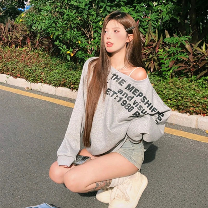 Sexy Oversize T-shirt Women Streetwear Print Long Sleeve Off Shoulder