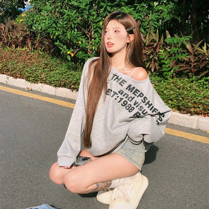 Sexy Oversize T-shirt Women Streetwear Print Long Sleeve Off Shoulder