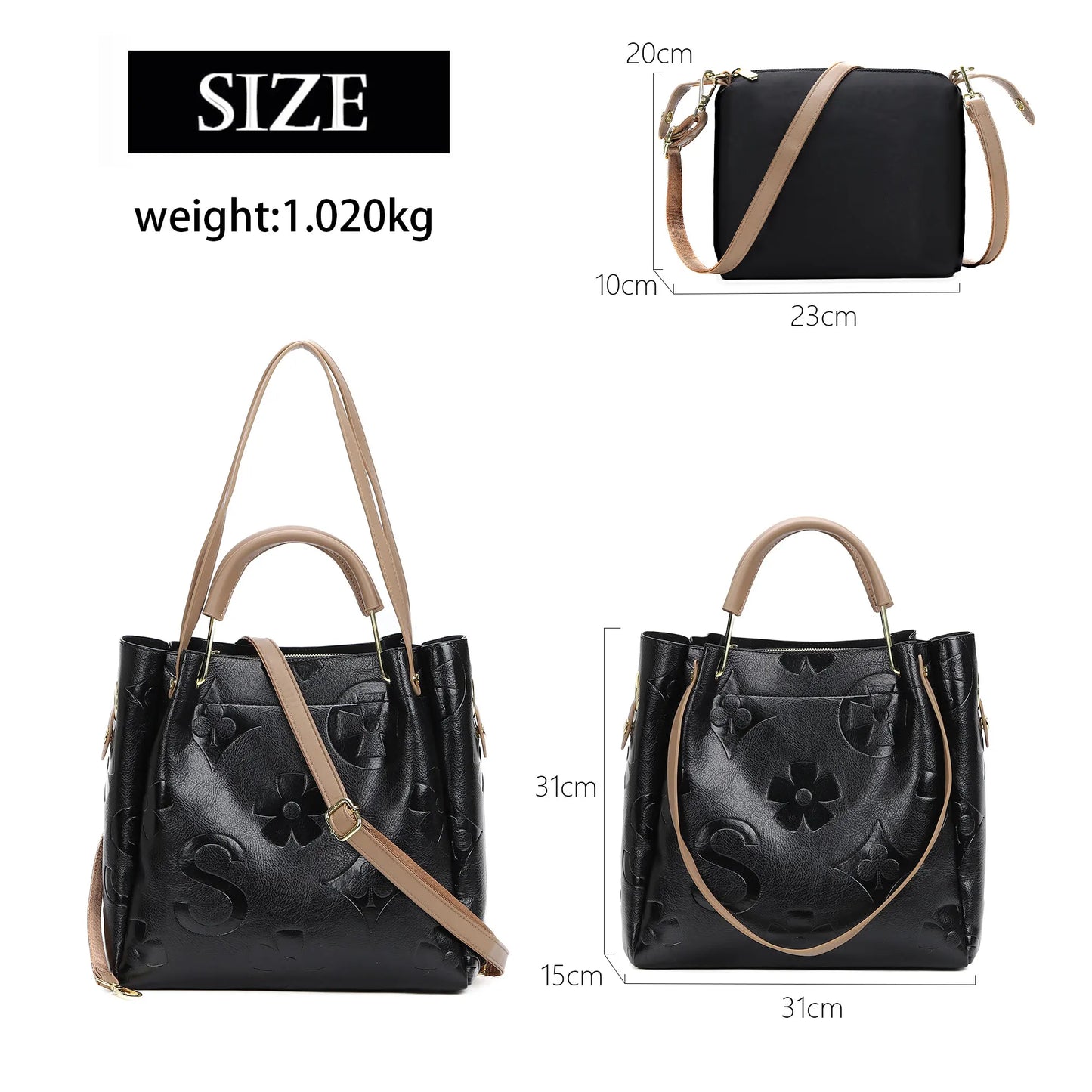 Top Handle Handbag Set Large Shoulder Bag Vegan Leather Ladies