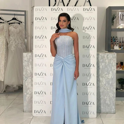 Bella Customized Blue Beading Long Silk Scarves robes de soirée Mermaid Backless Party Dresses