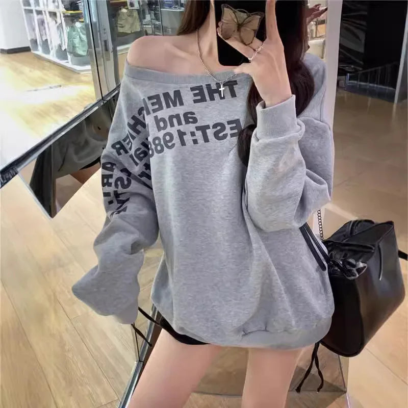 Sexy Oversize T-shirt Women Streetwear Print Long Sleeve Off Shoulder